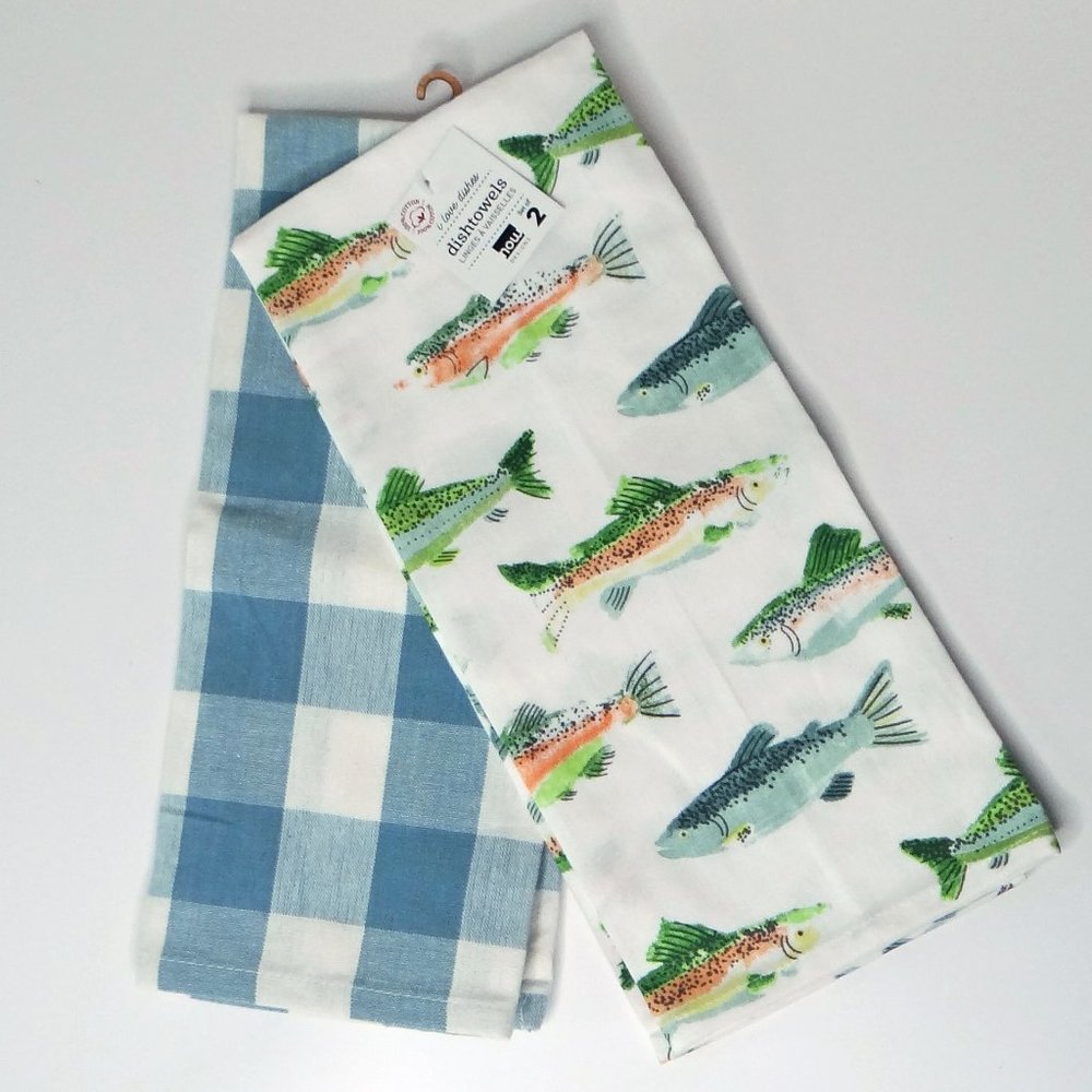"Gone Fishin" Cotton Dish Towels Set of 2 Fish / Plaid Now Designs NWT